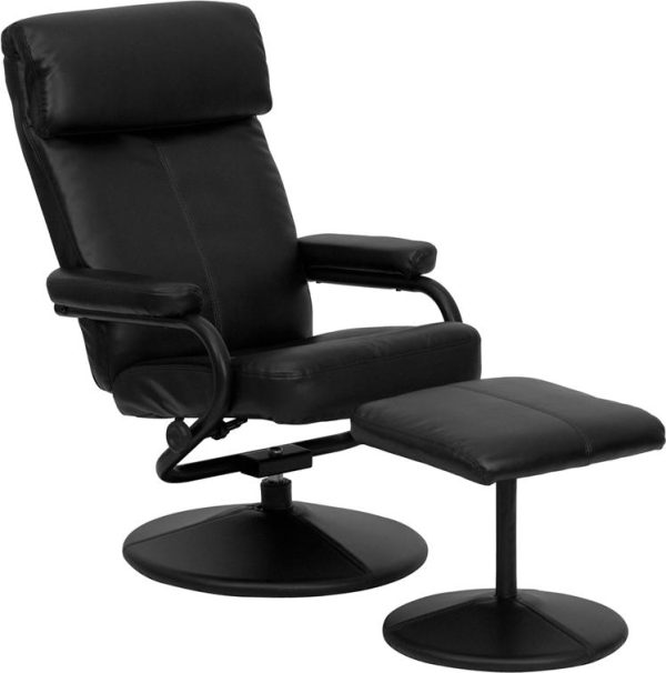 Contemporary Black Leather Recliner and Ottoman with Leather Wrapped Base - BT-7863-BK-GG