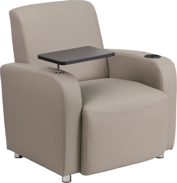Gray Leather Guest Chair with Tablet Arm, Chrome Legs and Cup Holder - BT-8217-GV-GG