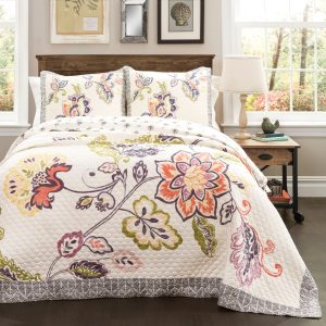 Aster Quilt Coral/ Navy 3pc Set Full/ Queen