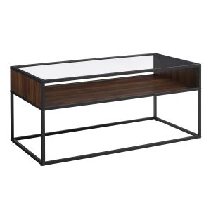 40 Rustic Urban Industrial Metal and Glass Coffee Table with Open Shelf - Dark Walnut