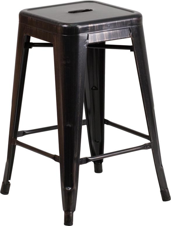 24'' High Backless Black-Antique Gold Metal Indoor-Outdoor Counter Height Stool with Square Seat - CH-31320-24-BQ-GG