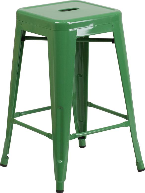 24'' High Backless Green Metal Indoor-Outdoor Counter Height Stool with Square Seat - CH-31320-24-GN-GG