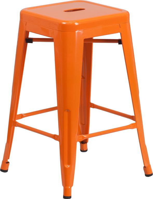 24'' High Backless Orange Metal Indoor-Outdoor Counter Height Stool with Square Seat - CH-31320-24-OR-GG