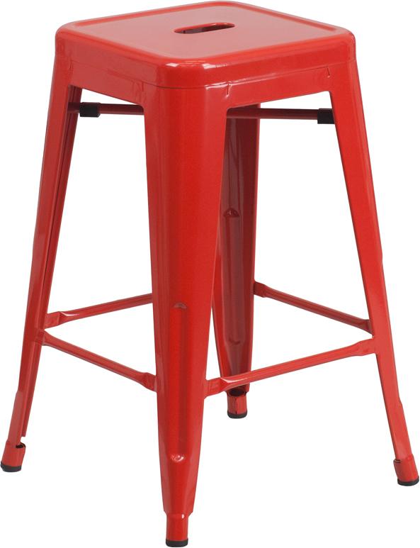 24'' High Backless Red Metal Indoor-Outdoor Counter Height Stool with Square Seat - CH-31320-24-RED-GG