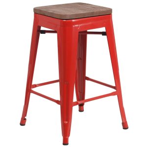 24 High Backless Red Metal Counter Height Stool with Square Wood Seat