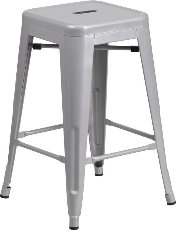 24'' High Backless Silver Metal Indoor-Outdoor Counter Height Stool with Square Seat - CH-31320-24-SIL-GG