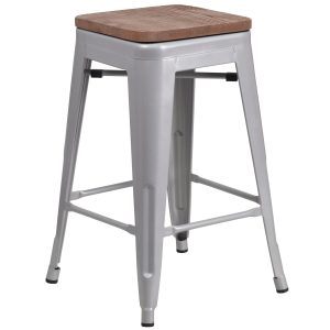 24 High Backless Silver Metal Counter Height Stool with Square Wood Seat