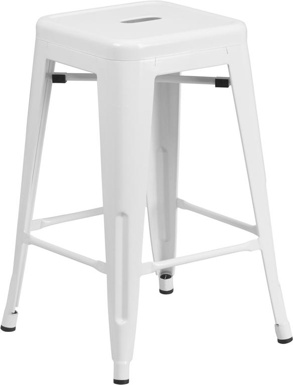 24'' High Backless White Metal Indoor-Outdoor Counter Height Stool with Square Seat - CH-31320-24-WH-GG