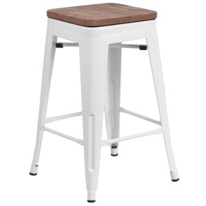 24 High Backless White Metal Counter Height Stool with Square Wood Seat