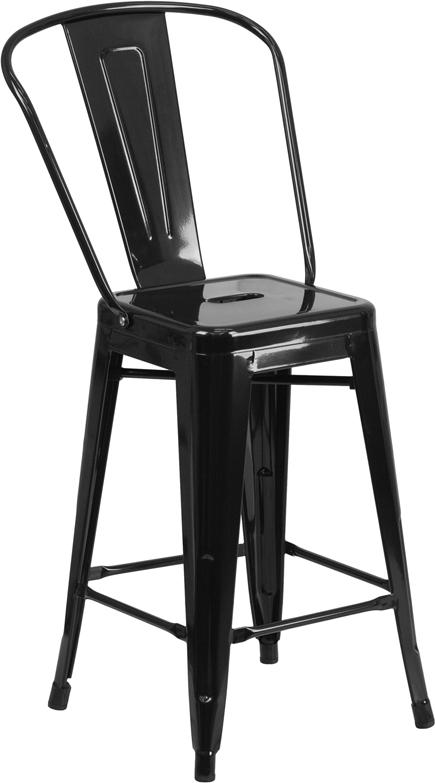 24'' High Black Metal Indoor-Outdoor Counter Height Stool with Back - CH-31320-24GB-BK-GG