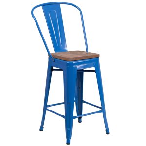 24 High Blue Metal Counter Height Stool with Back and Wood Seat