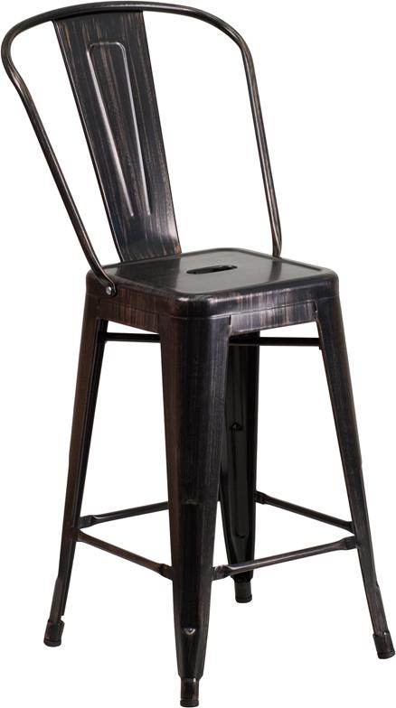 24'' High Black-Antique Gold Metal Indoor-Outdoor Counter Height Stool with Back - CH-31320-24GB-BQ-GG