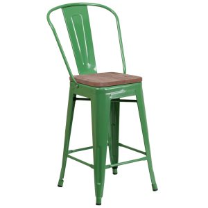 24 High Green Metal Counter Height Stool with Back and Wood Seat