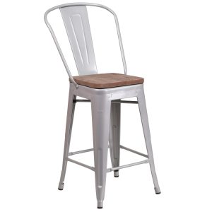 24 High Silver Metal Counter Height Stool with Back and Wood Seat
