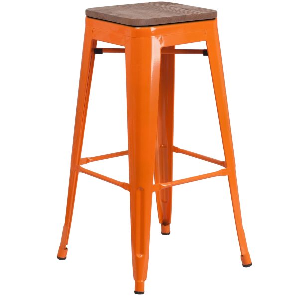 30 High Backless Orange Metal Barstool with Square Wood Seat