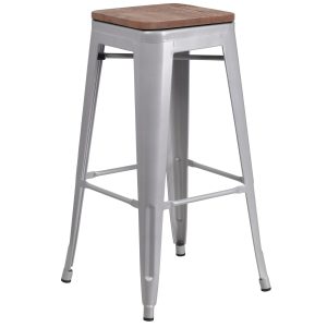 30 High Backless Silver Metal Barstool with Square Wood Seat
