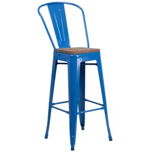 30 High Blue Metal Barstool with Back and Wood Seat