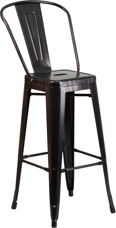 30'' High Black-Antique Gold Metal Indoor-Outdoor Barstool with Back - CH-31320-30GB-BQ-GG
