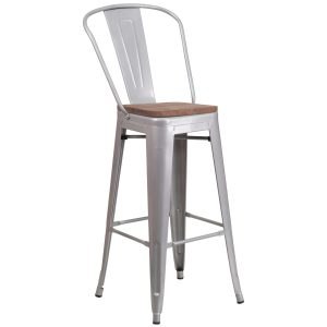 30 High Silver Metal Barstool with Back and Wood Seat