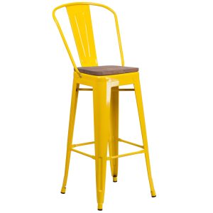 30 High Yellow Metal Barstool with Back and Wood Seat