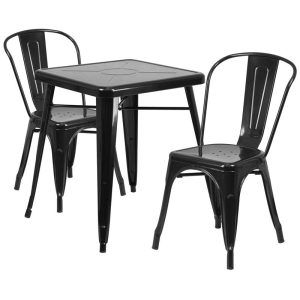 23.75'' Square Black Metal Indoor-Outdoor Table Set with 2 Stack Chairs - CH-31330-2-30-BK-GG