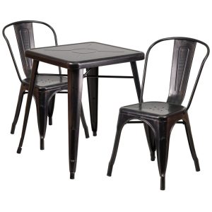 23.75'' Square Black-Antique Gold Metal Indoor-Outdoor Table Set with 2 Stack Chairs - CH-31330-2-30-BQ-GG