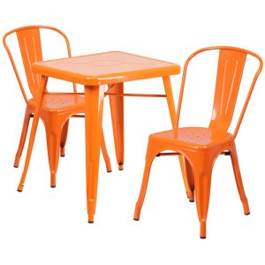 23.75'' Square Orange Metal Indoor-Outdoor Table Set with 2 Stack Chairs - CH-31330-2-30-OR-GG