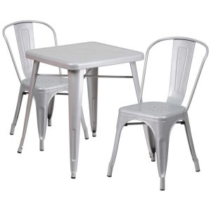23.75'' Square Silver Metal Indoor-Outdoor Table Set with 2 Stack Chairs - CH-31330-2-30-SIL-GG