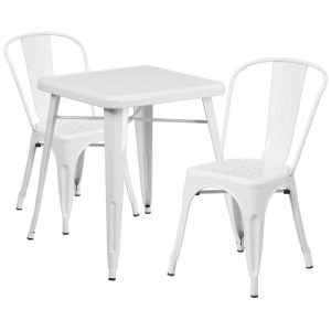 23.75'' Square White Metal Indoor-Outdoor Table Set with 2 Stack Chairs - CH-31330-2-30-WH-GG