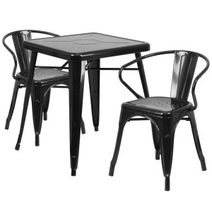 23.75'' Square Black Metal Indoor-Outdoor Table Set with 2 Arm Chairs - CH-31330-2-70-BK-GG