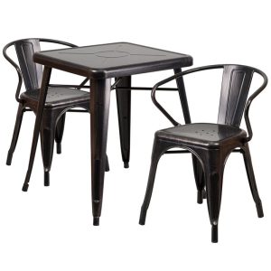 23.75'' Square Black-Antique Gold Metal Indoor-Outdoor Table Set with 2 Arm Chairs - CH-31330-2-70-BQ-GG