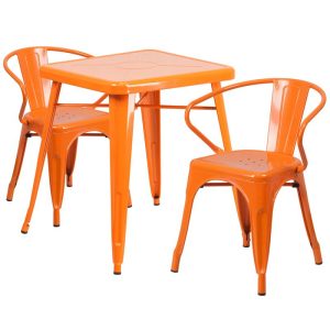 23.75'' Square Orange Metal Indoor-Outdoor Table Set with 2 Arm Chairs - CH-31330-2-70-OR-GG