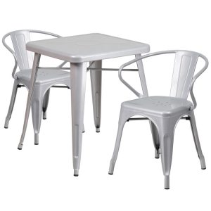 23.75'' Square Silver Metal Indoor-Outdoor Table Set with 2 Arm Chairs - CH-31330-2-70-SIL-GG
