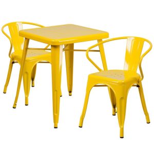 23.75'' Square Yellow Metal Indoor-Outdoor Table Set with 2 Arm Chairs - CH-31330-2-70-YL-GG