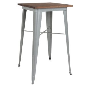 23.5 Square Silver Metal Indoor Bar Height Table with Walnut Rustic Wood Top