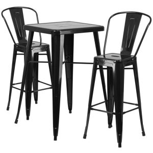 23.75'' Square Black Metal Indoor-Outdoor Bar Table Set with 2 Stools with Backs - CH-31330B-2-30GB-BK-GG
