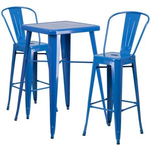 23.75'' Square Blue Metal Indoor-Outdoor Bar Table Set with 2 Stools with Backs - CH-31330B-2-30GB-BL-GG