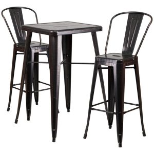 23.75'' Square Black-Antique Gold Metal Indoor-Outdoor Bar Table Set with 2 Stools with Backs - CH-31330B-2-30GB-BQ-GG