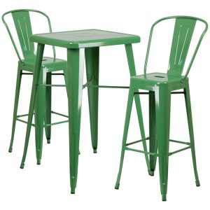 23.75'' Square Green Metal Indoor-Outdoor Bar Table Set with 2 Stools with Backs - CH-31330B-2-30GB-GN-GG