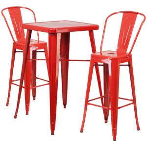 23.75'' Square Red Metal Indoor-Outdoor Bar Table Set with 2 Stools with Backs - CH-31330B-2-30GB-RED-GG