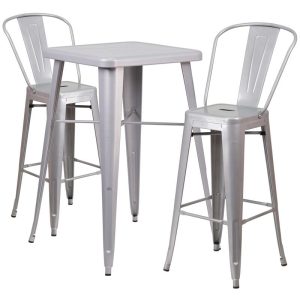 23.75'' Square Silver Metal Indoor-Outdoor Bar Table Set with 2 Stools with Backs - CH-31330B-2-30GB-SIL-GG