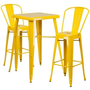 23.75'' Square Yellow Metal Indoor-Outdoor Bar Table Set with 2 Stools with Backs - CH-31330B-2-30GB-YL-GG