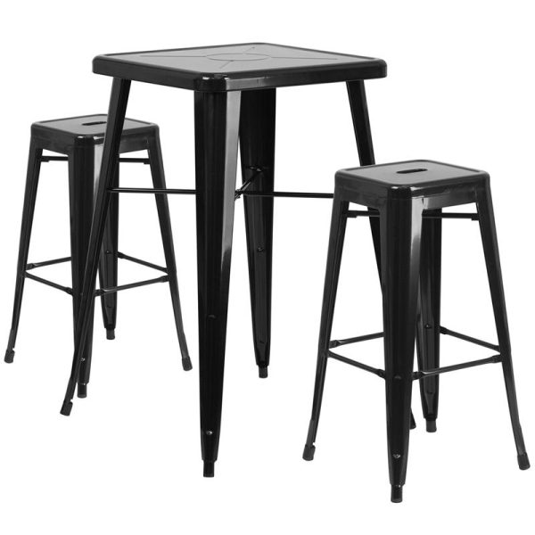 23.75'' Square Black Metal Indoor-Outdoor Bar Table Set with 2 Square Seat Backless Stools - CH-31330B-2-30SQ-BK-GG