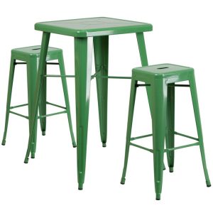 23.75'' Square Green Metal Indoor-Outdoor Bar Table Set with 2 Square Seat Backless Stools - CH-31330B-2-30SQ-GN-GG