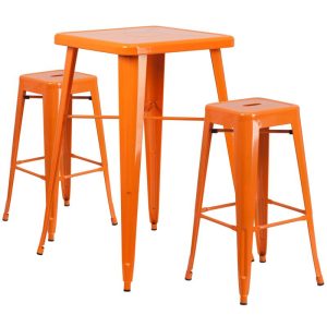23.75'' Square Orange Metal Indoor-Outdoor Bar Table Set with 2 Square Seat Backless Stools - CH-31330B-2-30SQ-OR-GG