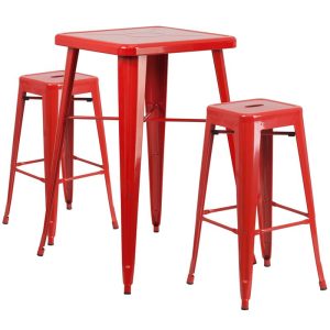 23.75'' Square Red Metal Indoor-Outdoor Bar Table Set with 2 Square Seat Backless Stools - CH-31330B-2-30SQ-RED-GG