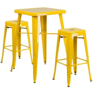 23.75'' Square Yellow Metal Indoor-Outdoor Bar Table Set with 2 Square Seat Backless Stools - CH-31330B-2-30SQ-YL-GG
