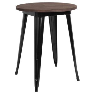 24 Round Black Metal Indoor Table with Walnut Rustic Wood Top
