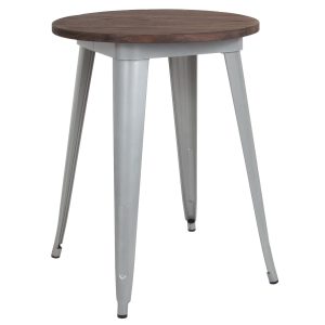 24 Round Silver Metal Indoor Table with Walnut Rustic Wood Top