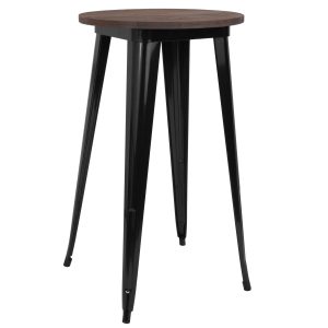 24 Round Black Metal Indoor Bar Height Table with Walnut Rustic Wood Top